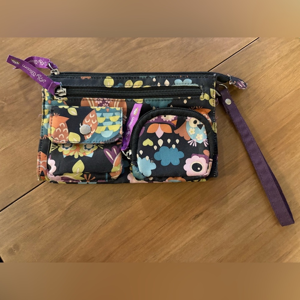 Lily Bloom Wrislet Wallet in Whimsical Owl and Floral Print Multiple Pockets EUC